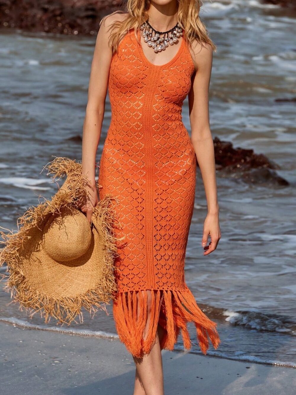 Orange Casual Women's Spaghetti Strap  Backless crochet Fishtail Dress